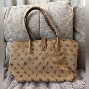 Dooney & Bourke XL Tan Canvas DB Logo Tote Bag with Leather Trim